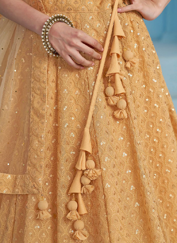 Bollywood Beige Georgette Lehenga choli with elegant sequin thread embroidery work.
